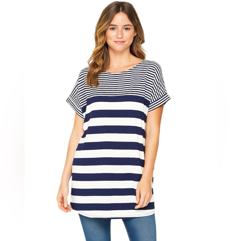 KENAR Nautical Striped Short Sleeve Top blue white Sz M